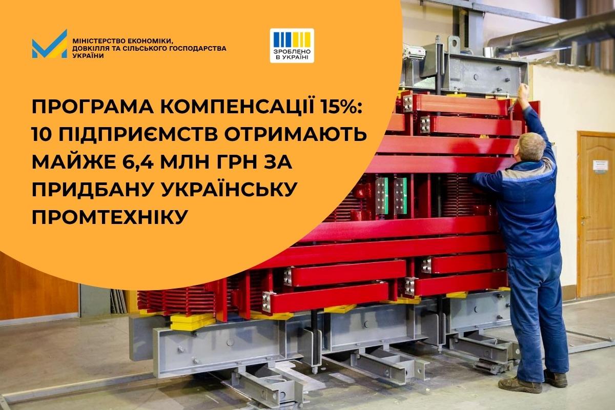 Програма компенсації 15%: десять підприємств отримають майже 6,4 млн грн за придбану українську промтехніку