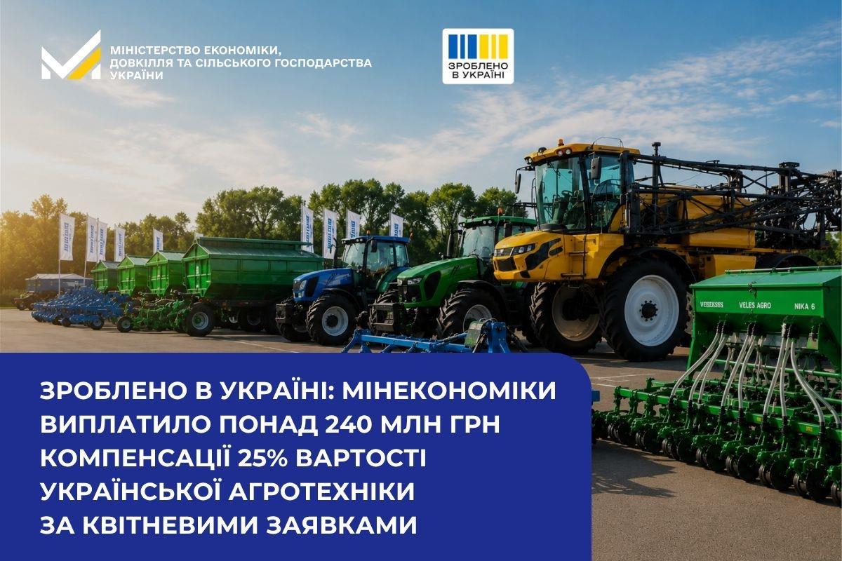 Зроблено в Україні: Мінекономіки виплатило понад 240 млн грн компенсації 25% вартості української агротехніки за квітневими заявками