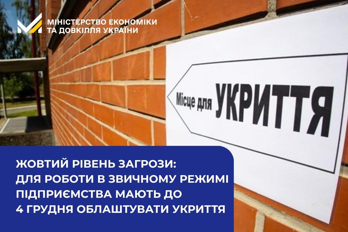 Жовтий рівень загрози: для роботи в звичному режимі підприємства мають до 4 грудня облаштувати укриття
