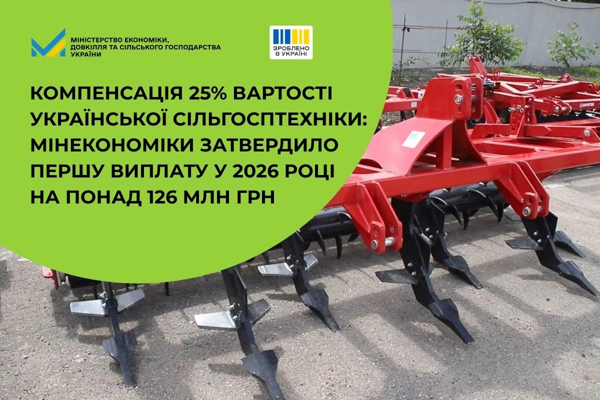 Компенсація 25% вартості української сільгосптехніки: Мінекономіки затвердило першу виплату у 2026 році на понад 126 млн грн