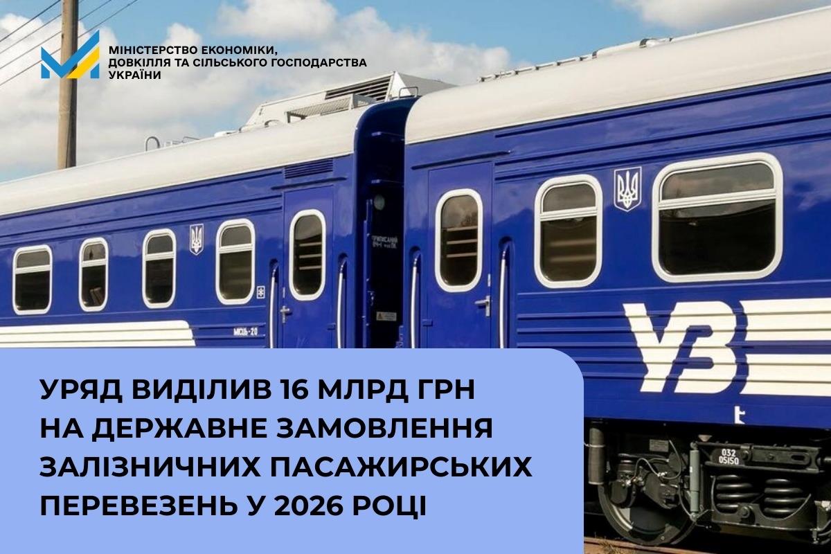 Уряд виділив 16 млрд грн на державне замовлення залізничних пасажирських перевезень у 2026 році
